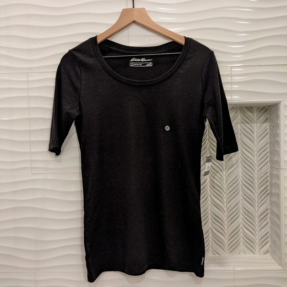 NWT Eddie Bauer Women's Favorite Elbow Tee, Black, Tall-Medium